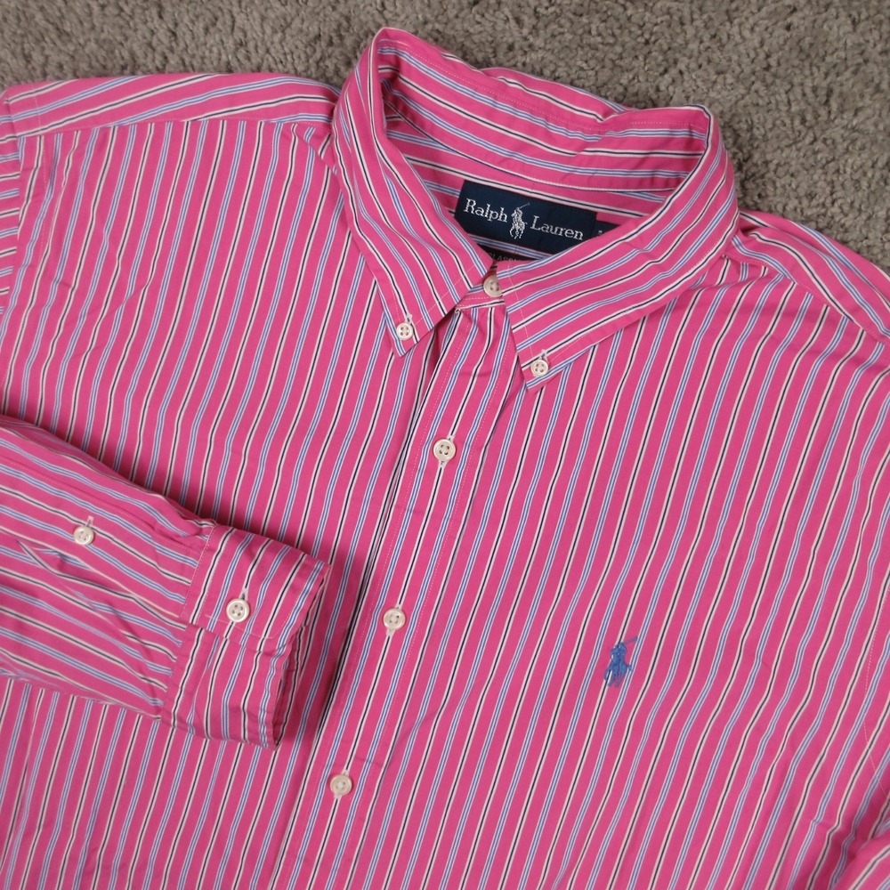 Polo Ralph Lauren Shirt Mens XL Pink Striped Classic Fit Cotton Pony Button Up